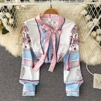 RUGOD European Station 2022, весенний новый дизайн, рубашка с темпераментным принтом, с длинными рукавами и бантом, небольшой ароматный топ