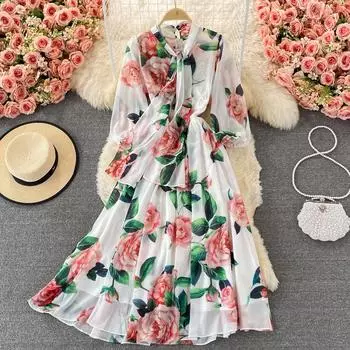 RUGOD Европа и Соединенные Штаты Летнее узкое платье с принтом и галстуком-бабочкой на талии Элегантное темпераментное элегантное длинное платье
