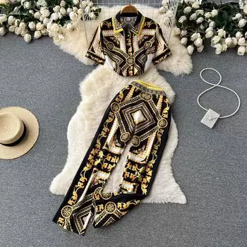 RUGOD Европа и США Ретро Принт Богиня Поклонник Темперамент Костюм Лето Новый Повседневный Все Матч Брюки Две части Комплект