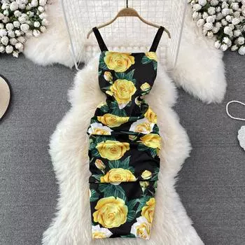 RUGOD Европа и США сексуальное эластичное плиссированное тонкое платье на подтяжках модное летнее платье без рукавов с открытой спиной и принтом розы