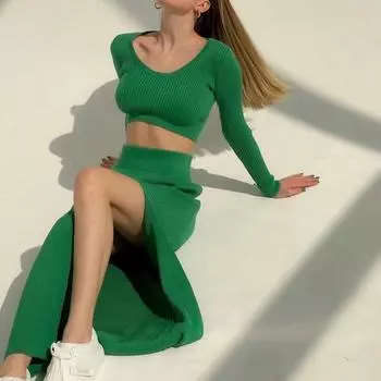 RUGOD Европа и США, сексуальный вязаный женский свитер из двух частей с провисающей талией и длинными рукавами One Size чёрный