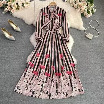 RUGOD Европейская и Американская Мода Бант Галстук Талия Талия Тонкое Полосатое Позиционирование Печать A-line Платье Элегантные Большие Качели Длинное Платье