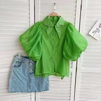 RUGOD Европейская и американская женская дизайнерская ниша с лацканами с ромбовидными шипами, тонкие свободные универсальные рубашки с короткими рукавами-фонариками One Size зелёный