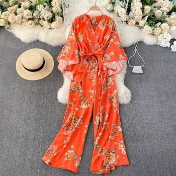 RUGOD Европейская мода Повседневный праздничный стиль женский комплект из двух предметов с принтом нерегулярные расклешенные рукава с цветочным принтом тонкие широкие брюки костюмы One Size чёрный