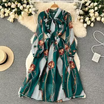 RUGOD европейская женская одежда, новинка 2022 года, весенняя новинка, шифоновый пуловер с длинными рукавами и v-образным вырезом с завязками, нежное ветровое платье