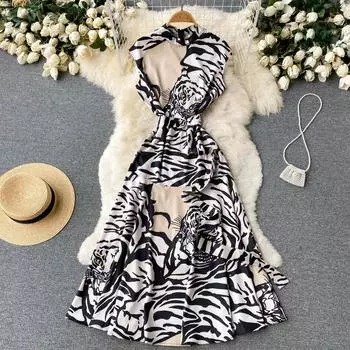 RUGOD Европейский дизайн с текстурным принтом и воротником-стойкой, без рукавов, с талией, темпераментным швом, индивидуальное свободное нишевое платье M белый