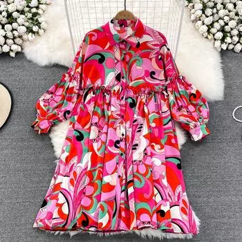 RUGOD европейский и американский атласный принт со свободными рукавами-фонариками, рубашка средней длины, модное однобортное платье трапециевидной формы с длинными рукавами