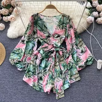 RUGOD европейский и американский праздничный стиль сексуальный глубокий V-образный вырез с поясом и рукавами-фонариками, женский комбинезон с длинными рукавами