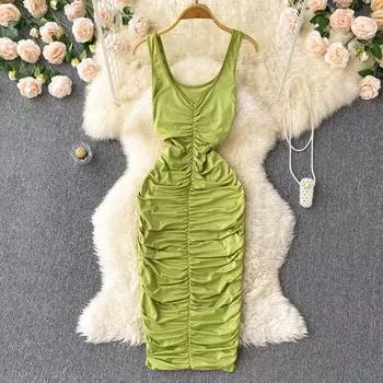 RUGOD европейский и американский стиль, новые летние подтяжки, плиссированное платье-жилет с v-образным вырезом, женское сексуальное посылка, индивидуальное французское платье S чёрный