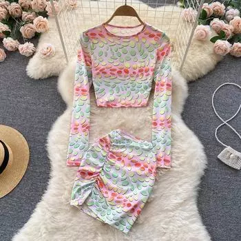 RUGOD Европейский и американский весенне-летний новый сексуальный костюм с принтом, модная тонкая рубашка, морщинистая юбка с запахом на бедрах, модный костюм из двух предметов