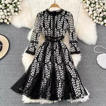 RUGOD Европейское и американское платье, длинное платье, модное сетчатое платье на талии с вышивкой, водорастворимое слово, большое свободное платье, летнее S чёрный