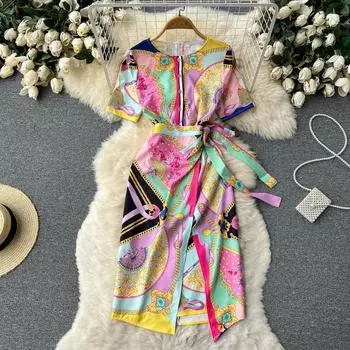 RUGOD Европейское и американское платье Ins, новое летнее платье нестандартного дизайна с завязками на талии и темпераментным принтом, тонкое платье S розовый