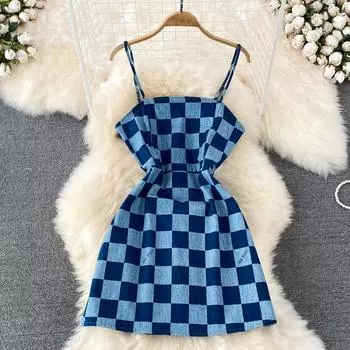 RUGOD Европейское и американское сексуальное облегающее платье на подтяжках в шахматном порядке, летнее модное облегающее джинсовое платье трапециевидной формы с высокой талией S синий