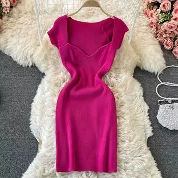 RUGOD Европейское и американское сексуальное платье с квадратным вырезом и короткими рукавами, лето 2022, новое облегающее короткое платье с запахом бедра One Size чёрный