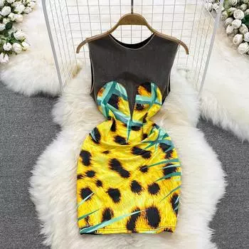 RUGOD Европейское и американское сексуальное женское сексуальное платье для ночного клуба из двух частей с круглым вырезом и принтом, без рукавов, облегающее и облегающее, короткое, на бедрах