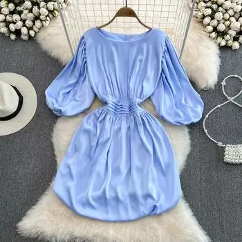 RUGOD First Love, темперамент, маленький человек, Хепберн, светлое, зрелое, с пузырьками ветра, длинное, с круглым вырезом, с морщинистой талией, тонкое весеннее платье трапециевидной формы