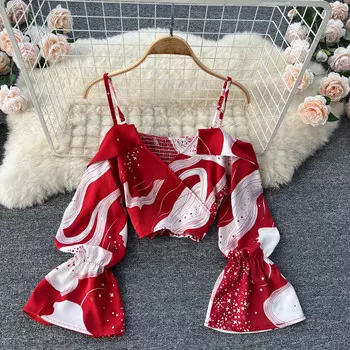 RUGOD Французская ниша, нерегулярный короткий стиль, укороченная рубашка с открытыми плечами и подтяжками, женский дизайнерский топ с расклешенными рукавами и принтом