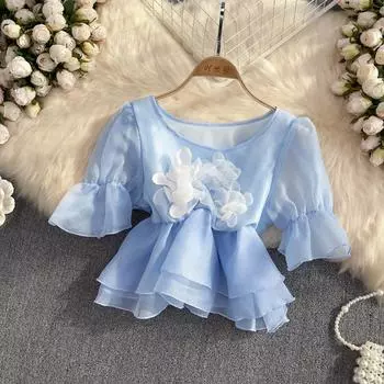 RUGOD Французская рубашка из органзы с круглым вырезом и рюшами и цветочным принтом на талии Тяжелая промышленность Милый перспективный жатый топ с короткими рукавами