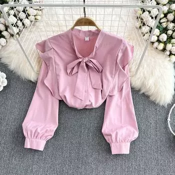 RUGOD французская рубашка с галстуком-бабочкой, женская весна и осень, новый модный и шикарный дизайн, топ с рюшами