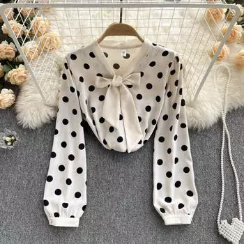 RUGOD французская рубашка с волнистыми точками, женская весенняя новая корейская модная шифоновая модная тонкая лента с бантом и длинными рукавами