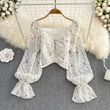 RUGOD Французская супер фея в нежном стиле с v-образным вырезом и объемными рукавами на молнии, шифоновая рубашка, женская дизайнерская рубашка с коротким пупком и открытым длинным рукавом