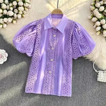 RUGOD французская темпераментная вязаная крючком полая кружевная рубашка с лацканами женская 2022 кардиган с рукавами-фонариками топ One Size фиолетовый