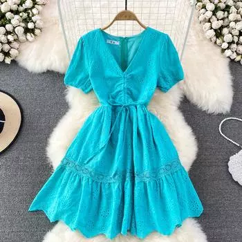 RUGOD Французский колокольчик First Love Sweet Forest Hook Flower Полое платье трапециевидной формы с завязками на талии Лето 2022