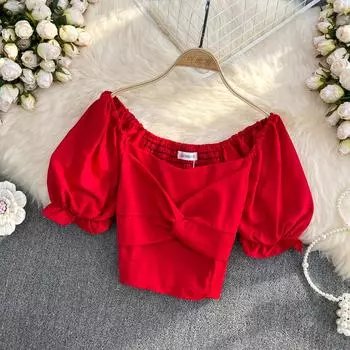 RUGOD, французский ретро-дизайн, Sense Kink, квадратный вырез, тонкий пуловер с короткими рукавами, рубашка, женский укороченный топ в иностранном стиле