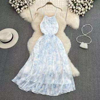 RUGOD Французский сине-белый фарфоровый принт с бретельками на шее и без бретелек на талии Тонкое трапециевидное большое свободное платье Длинное платье для отдыха на море S синий