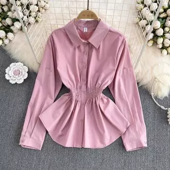 RUGOD французский темперамент с длинными рукавами на талии лист лотоса качели тонкая рубашка женская ретро короткий свободный топ весна One Size синий