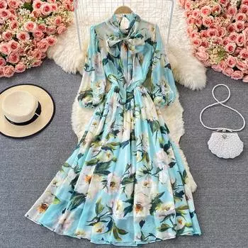 RUGOD Французское 2022 темпераментное праздничное пляжное платье с галстуком-бабочкой и принтом, элегантное длинное платье с длинными рукавами