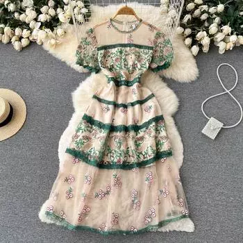 RUGOD французское кружевное сетчатое платье с вышивкой, женское высококачественное элегантное темпераментное банкетное платье