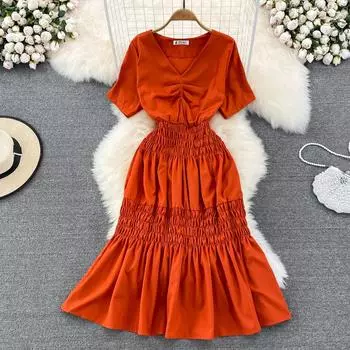 RUGOD французское летнее нежное ветровое платье с v-образным вырезом, тонкое плиссированное платье макси с эластичной резинкой на талии для женщин, пляжное платье высокого качества, Vestidos