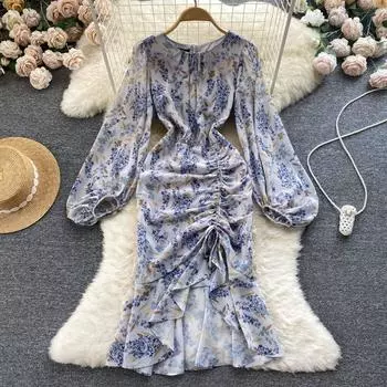 RUGOD французское нежное платье с рукавами-фонариками, летнее женское платье для отдыха на берегу моря с тонкой талией и цветочным принтом на шнурке