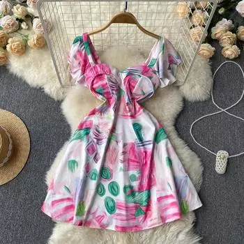 RUGOD французское нишевое платье-труба с цветочной росписью маслом, женское летнее темпераментное платье трапециевидной формы с тонкой и пышной талией