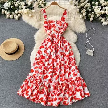 RUGOD Французское платье Летнее платье для похудения с квадратным вырезом без бретелек с высокой талией Тонкое платье средней длины в праздничном стиле на подтяжках