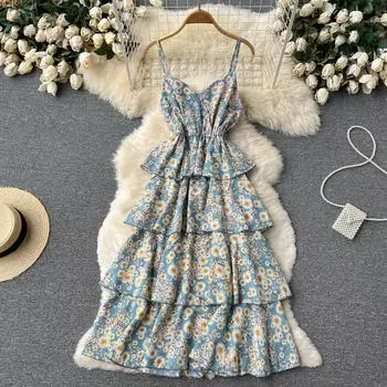 RUGOD французское платье на подтяжках женское, лето 2022, новое платье в стиле Хепберн с цветочным принтом, длинное платье, платье для торта