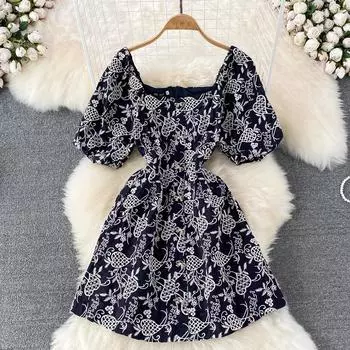 RUGOD Французское платье с колокольчиком, летнее ретро-темпераментное платье трапециевидной формы с квадратным вырезом и короткими рукавами на талии, с вышивкой M темно-синий