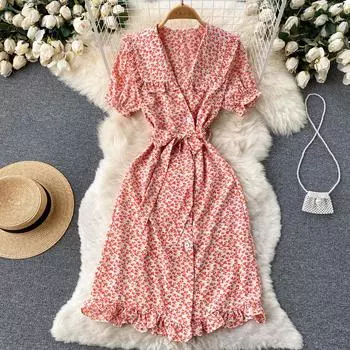 RUGOD французское платье с v-образным вырезом и цветочным принтом, лето 2022, новый стиль, тонкое и милое короткое платье трапециевидной формы с талией и листьями лотоса для женщин