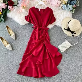 RUGOD Французское платье с v-образным вырезом и короткими рукавами, нерегулярная плиссированная талия, длинное платье в стиле ретро с разрезом до колена и рыбий хвост One Size