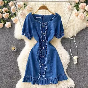 RUGOD французское ретро нишевое джинсовое платье женское лето 2022 новый дизайн с v-образным вырезом на талии темпераментное легкое платье для зрелых женщин