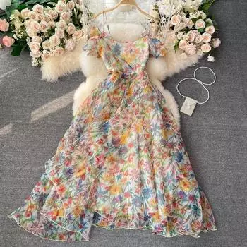 RUGOD французское ретро-платье на подтяжках Mori, новое летнее платье на одно плечо с пышными рукавами и цветочным принтом