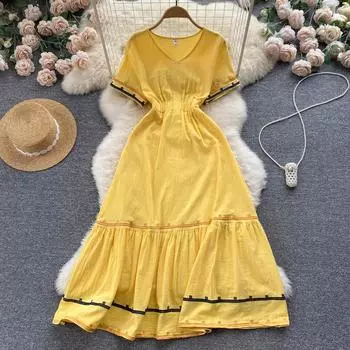 RUGOD, французское ретро-платье в стиле Хепберн с v-образным вырезом и короткими рукавами, женское летнее платье с тонкой талией, большое длинное платье с открытой талией
