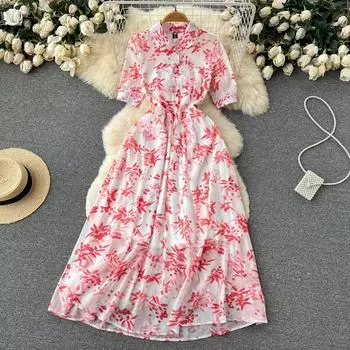 RUGOD французское романтическое платье с цветочным принтом, женское летнее новое тонкое темпераментное платье с высокой талией, большое свободное длинное платье S