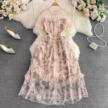 RUGOD Французское темпераментное кружевное платье с круглым вырезом и тонкой талией, элегантное длинное платье с длинными рукавами