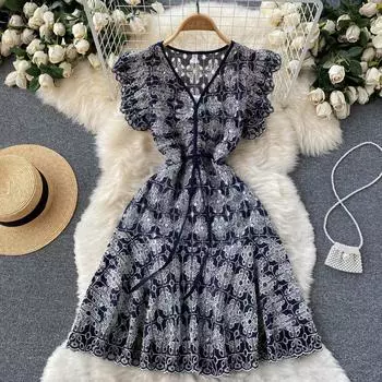 RUGOD французское темпераментное платье с вышивкой контрастного цвета и v-образным вырезом на талии, элегантное платье трапециевидной формы средней длины с развевающимися рукавами