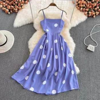 RUGOD Французское темпераментное платье в горошек, новое летнее ретро платье с высокой талией, тонкое платье на подтяжках, модное длинное платье с большими качелями One Size