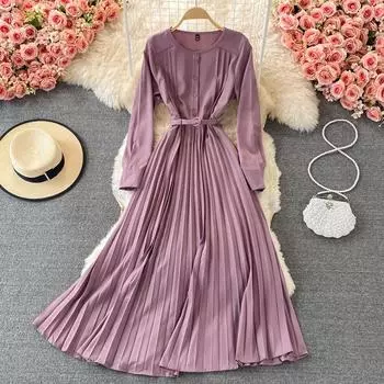 RUGOD французское темпераментное плиссированное платье с круглым вырезом, весна и осень, новый стиль, длинное платье для похудения с нежной ветровой талией One Size бежевый