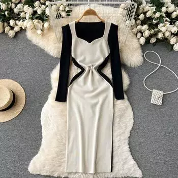 RUGOD французское темпераментное сексуальное платье контрастного цвета с разрезом по бокам, женское легкое знакомое платье на бедрах с запахом One Size бежевый