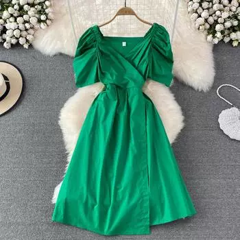 RUGOD Французское зеленое платье А-силуэта с V-образным вырезом и плиссировкой, с короткими рукавами и талией. Элегантное темпераментное длинное платье большого размера. One Size синий